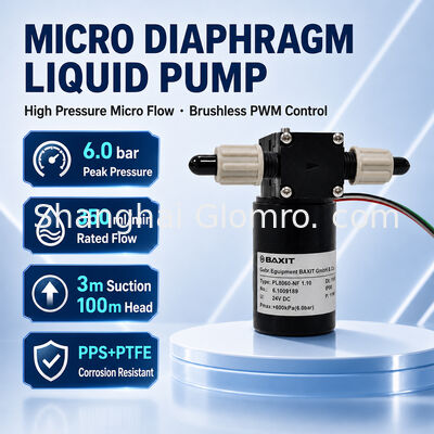 Bơm màng không chổi than BAXIT PL8060-NF1.10 12V/24V Điều khiển tốc độ PWM PTFE Chống axit/kiềm Áp suất cao Bơm 6 Bar